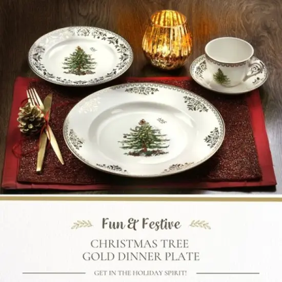 Spode Christmas Tree Gold Dinner Plate, 10.5-Inch Porcelain Dinner & Appetizer Plate, Microwave & Dishwasher Safe, Festive Collectible Dining Plate image {1}
