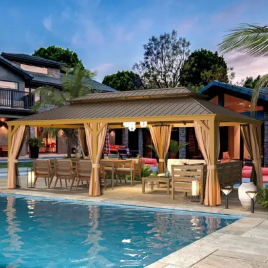 Erommy 14' X 24' Hardtop Gazebo, Galvanized Steel Metal Double Roof Aluminum Gazebos with Curtain and Netting image {3}