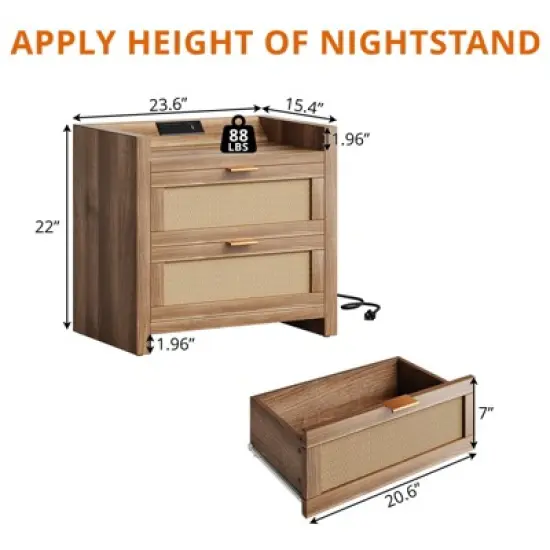 Night Stand Set of 2 Rattan Nightstands with Charging Station 23.6" Wide Boho Bedside Tables with 2 Drawers Modern Larger Nightstands, Brown image {2}
