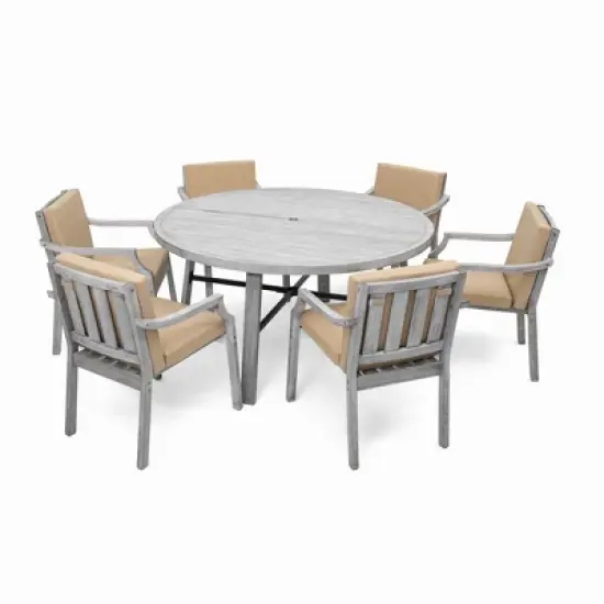 FIONECA 6-Person Outdoor Wooden Dining Set with Umbrella Hole & Removable Cushions, Antique Gray Patio Furniture for Backyard & Garden image {6}