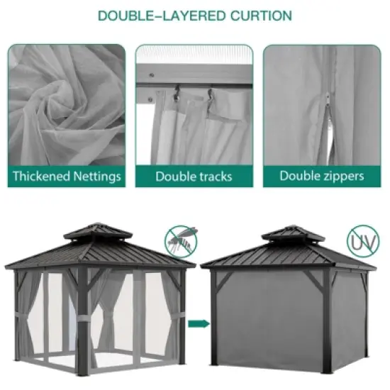 Whizmax Hardtop Gazebo, Double Roof Aluminum Frame with Netting & Curtains, Wood Grain Galvanized Steel for Patio, Garden, Lawn & Outdoor Parties image {3}