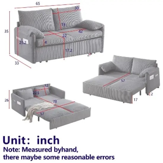 MAYEERTY 64.5 Sleeper Sofa Bed 3 in 1 Adjustable Pullout 2 Pillows Side Pockets Soft Corduroy Convertible image {6}