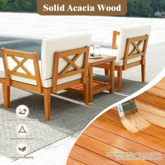 Costway 5 PCS Acacia Wood Patio Chaise Lounge Chair Set with 2-Tier Coffee Table Cushions image {8}