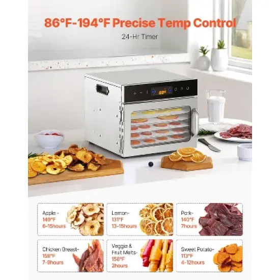 VEVOR Food Dehydrator Machine, 6 Stainless Steel Trays, 400W Electric Food Dryer with Adjustable Temperature & 24-Hour Timer, Freeze Dryer, Silver image {5}
