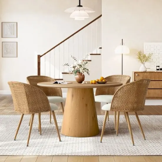 Modern Rattan Dining Chairs, Armchairs with Double-Woven Rattan Back and Beige Upholstered Seat, Natural Style Kitchen Chairs-Maison Boucle image {10}