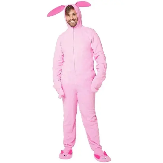 A Christmas Story Men's Ralphie Deranged Pink Bunny Suit Hooded Pajamas Pink image {3}