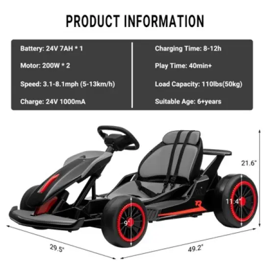 24V Kids Go Kart, Powerful Drift Kart with Dual 150W Motors, High Speed Electric Outdoor Ride On Toy, Battery Powered Ride On Racing Car with Music image {6}