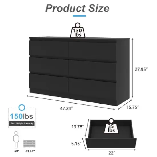 Resenkos 55" Storage Dressers Organizer for Bedroom, Wood 6 Drawers Dresser Chests, Black image {10}