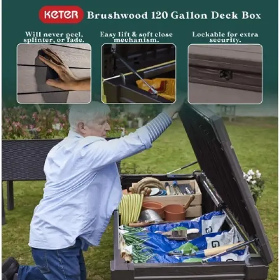 Keter Brushwood 120 Gallon Outdoor Deck Storage Box, Lockable Patio and Garden Furniture Container for Yard Tools and Pool Accessories, Brown image {2}