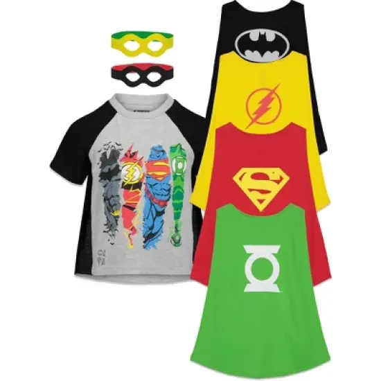DC Comics Justice League Batman Superman The Flash Costume T-Shirt Capes and Masks Mask 7 Piece Outfit Set Toddler image {7}