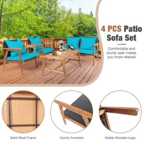 Tangkula 4PCS Patio Rattan Furniture Set Wood Frame Cushioned Sofa with Coffee Table Sectional Conversation Sofa Set for Garden image {6}