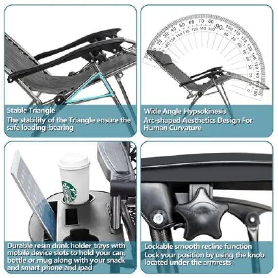 KTMBDW Set of 2 Adjustable Steel Mesh Zero Gravity Lounge Chair Recliners w/Pillows and Cup Holder Trays for Deck, Patio, Beach, Yard image {5}