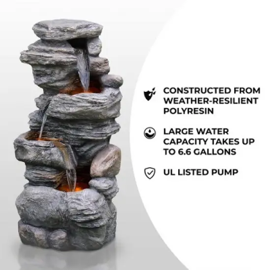 Teamson Home 39.37" Outdoor Faux Stone 4-Tier Water Fountain with LED, Gray image {2}