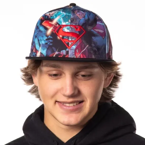 DC Comics Superman Logo Baseball Hat Adult Fighting Scenes Sublimated Adjustable Snapback Cap Multicolored image {2}