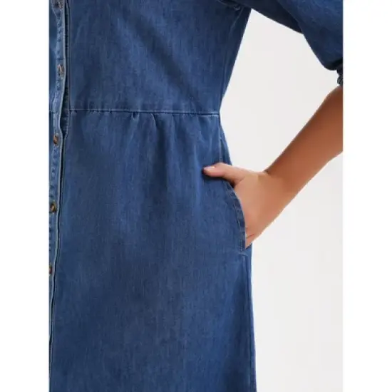INSPIRE CHIC Women's Puff 3/4 Sleeve Button Up Collar A-Line Swing Ruffle Tiered Midi Denim Dress image {4}