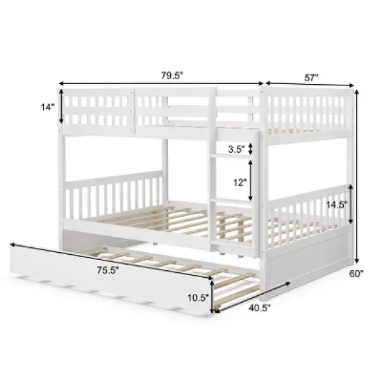 Costway Full over Full Bunk Bed Platform Wood Bed w/ Trundle & Ladder Rail Brown/White image {1}