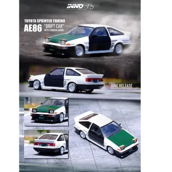 Toyota Sprinter Trueno AE86 RHD White with Green Carbon Hood and Black Carbon Doors 1/64 Diecast Model Car by Inno Models image {3}