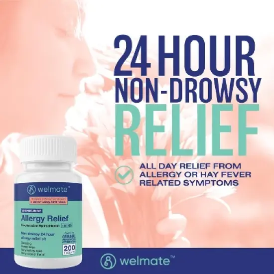 WELMATE 24 Hour Allergy Relief Tablets - Fexofenadine HCl 180mg 200ct image {2}