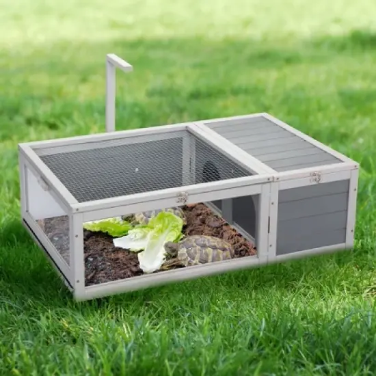 DOMETOUR Tortoise House Wooden Turtle Habitat with Removable Top and Tray for Indoors and Outdoors Gray image {14}