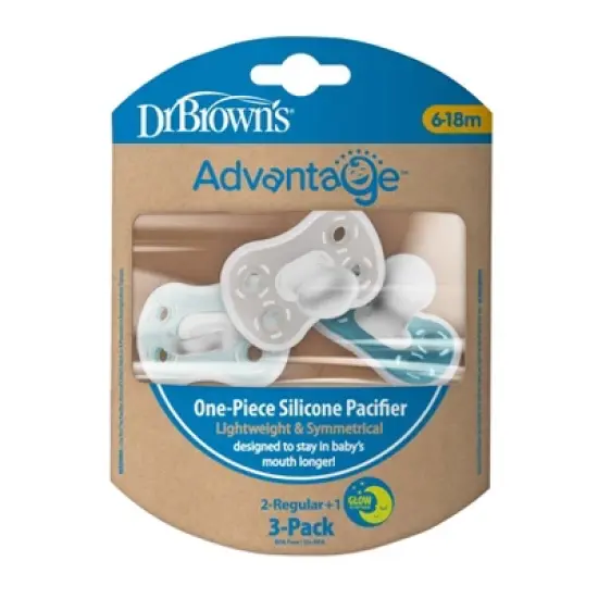Dr. Brown's Advantage One-Piece Lightweight Silicone Pacifier Stage Two, with one Glow-in-the-Dark Pacifier - 3pk image {1}