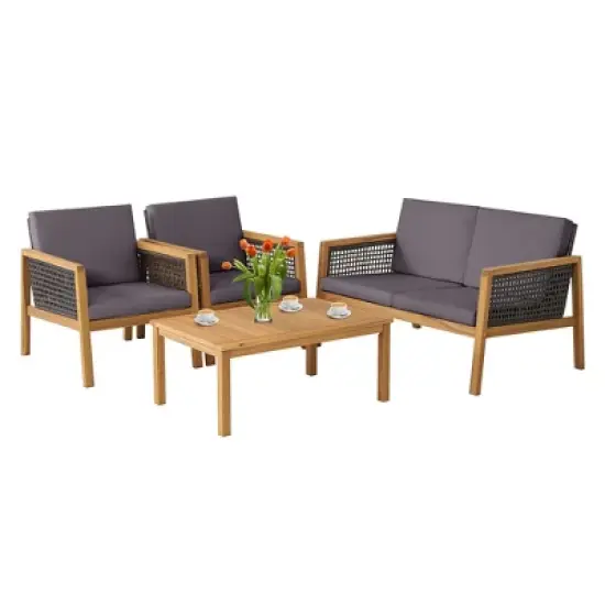 Tangkula 4PCS Patio Acacia Wood Furniture Set PE Rattan Conversation Set w/ Grey Cushions image {9}