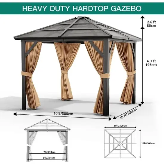 10x12ft Gazebo, Hardtop Outdoor Canopy Aluminum Frame Permanent Gazebo with Netting and Curtains image {5}