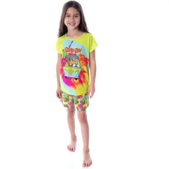 Scooby Doo Girls' Tie Dye Mystery Machine Shirt and Shorts Pajama Set Lime Green Tie Dye image {4}