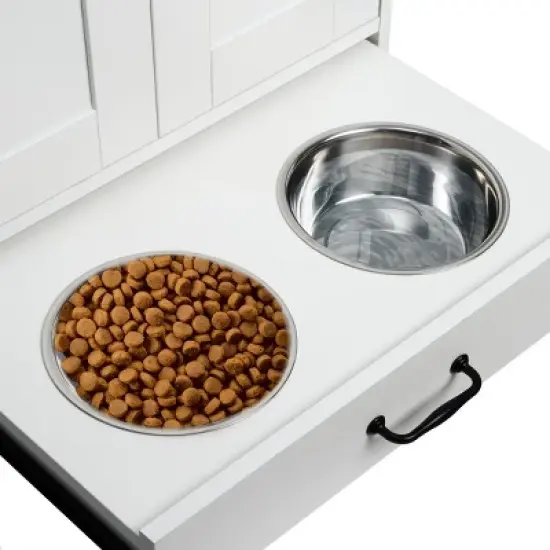 White Hidden Dog Feeding Station, Pull-Out Dog Bowl Cabinet with 2 Hidden Bowls & Adjustable Panel, for Medium-Sized Dogs &ndash; Cuddlewood image {6}