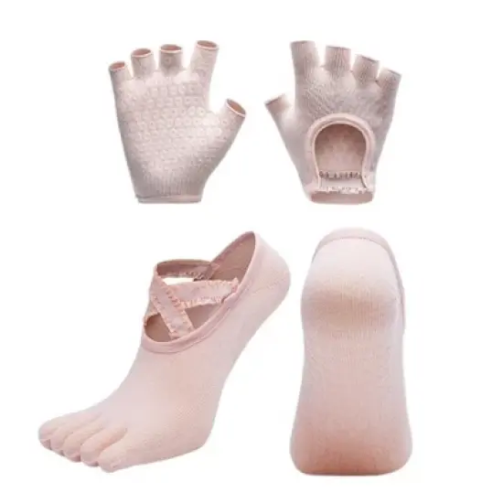 Anna-Kaci Women's Non-Slip Grip Yoga Sock and Fingerless Glove Set with Toe Separation and Ballet Strap Detail image {9}