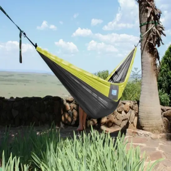 The Hamptons Collection 128" Gray and Yellow Heavy Duty Lightweight Traveler&rsquo;s Nylon Hammock image {2}