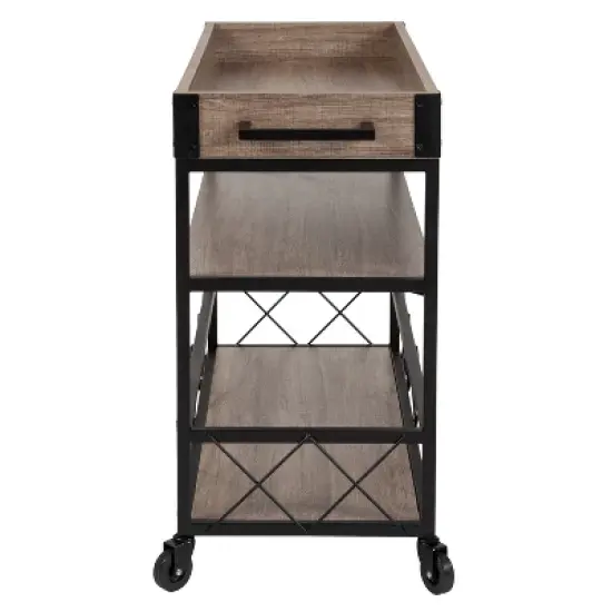 Merrick Lane Rolling Kitchen Serving and Bar Cart with Shelves and Wine Glass Holders in Distressed Light Oak Wood and Black Iron image {11}