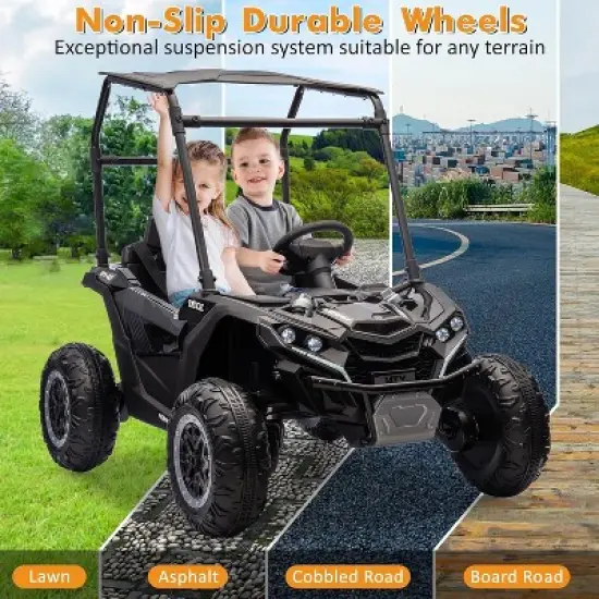 24V Kids Ride On UTV, 2 Seater 4WD Electric Truck with Sun Shade, Remote Control, Led Lights, 4 Shock Absorbers,3 Speeds,Horn, Music image {6}