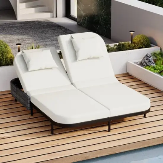 Whisen Outdoor Rattan Daybed with Beige Cushion, 5-Position Adjustable Backrest & Removable Pillows image {15}