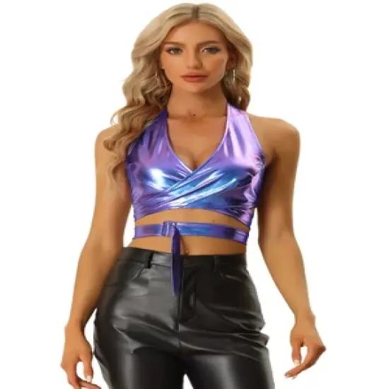 Allegra K Metallic Halter Neck Top for Women's Deep V Neck Backless Holographic Crop Tops image {5}