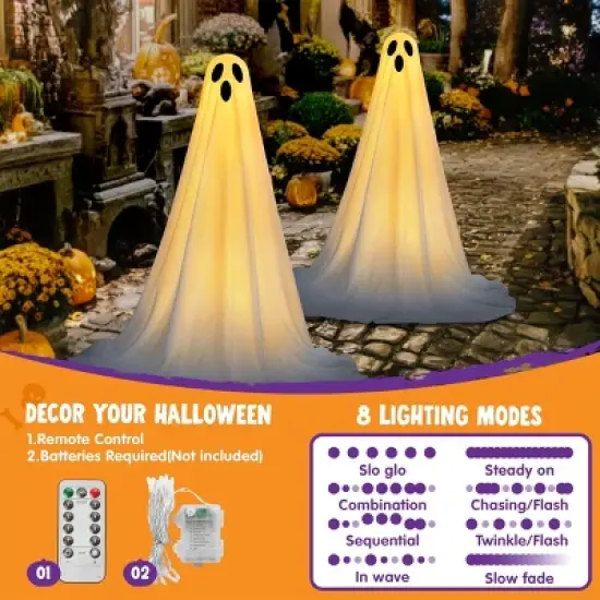 Joyfy 2 Pack 47'' Halloween Standing Ghost Outdoor Decoration,  White Ghost with Warm String Light Haunted House Prop for Garden Yard Porch Lawn Decor image {1}