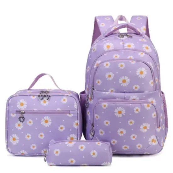 Daisy Printed Backpacks With Lunch Pack Pencil Case 3pcs, Lightweight Waterproof Bookbag For Middle School image {6}