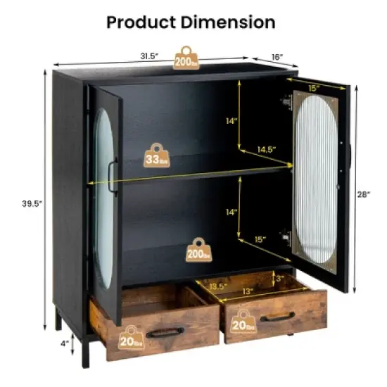 Costway Kitchen Storage Cabinet Freestanding Buffet Sideboard w/ 2 Glass Doors & Drawers image {3}