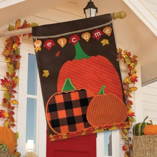 Welcome Pumpkins Autumn Burlap House Flag Patchwork Fall 28"x40" Briarwood Lane image {2}