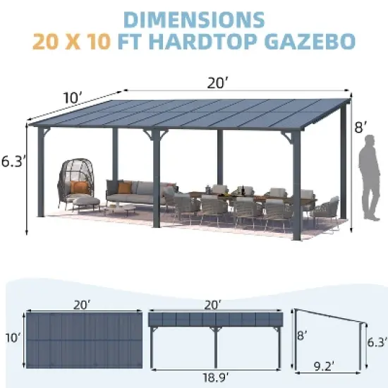 CLIHOME 20 ft. x 10 ft. Polycarbonate Patio Cover Hardtop Gazebo Outdoor Aluminum Pergola For Garden, Patio, Backyard image {8}