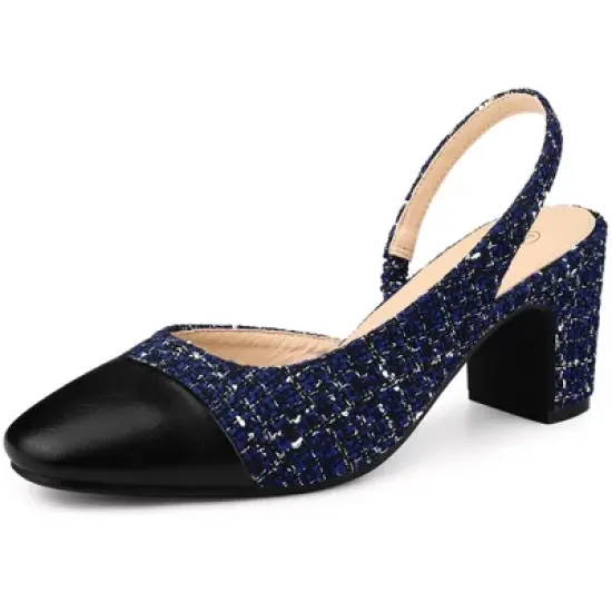 Allegra K Women's Plaid Cap Toe Slingback Chunky Heel Pumps image {7}