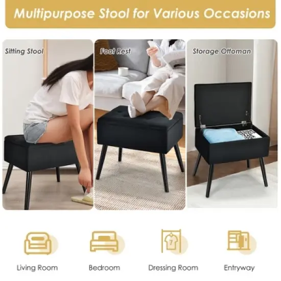 Costway Velvet Storage Ottoman Tufted Flip Top Vanity Stool Footrest with Wood Legs image {5}