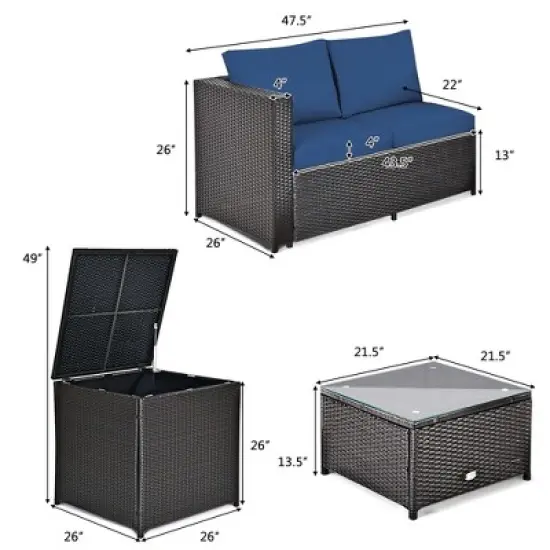 Costway 4PCS Patio Rattan Furniture Set Cushioned Loveseat Storage Table Navy image {3}
