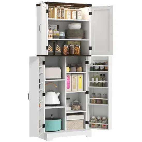 HOMCOM 64" Kitchen Pantry Storage Cabinet with Motion Sensor Light, Spice Racks and Adjustable Shelves, White image {6}
