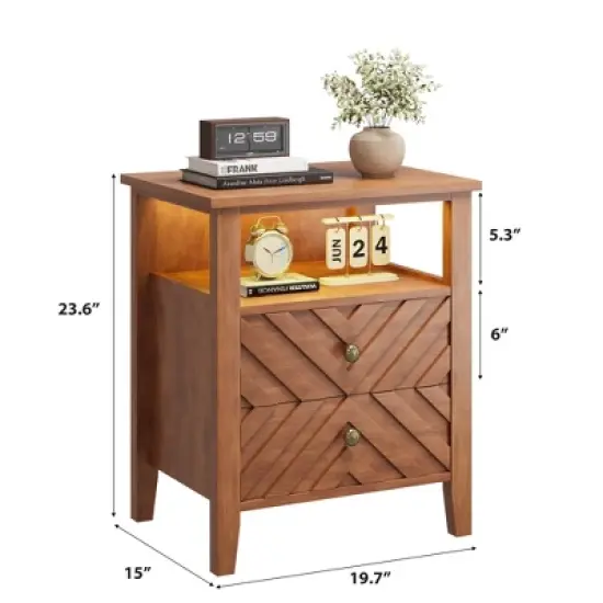 GustoWave Night Stand with 2 Storage Drawers and Stable Wooden Legs, Farmhouse Nightstand w/V-Shaped Design, Wooden End Table(Brown, 2 Piece) image {2}
