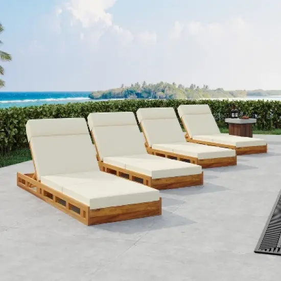 Christopher Knight Home Moreno Outdoor Acacia Wood Adjustable Chaise Lounge with Water-Resistant Cushion (Set of 4) image {1}