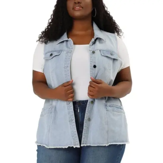 Agnes Orinda Women's Plus Size Denim Button Down Raw Hem Denim Vests image {6}