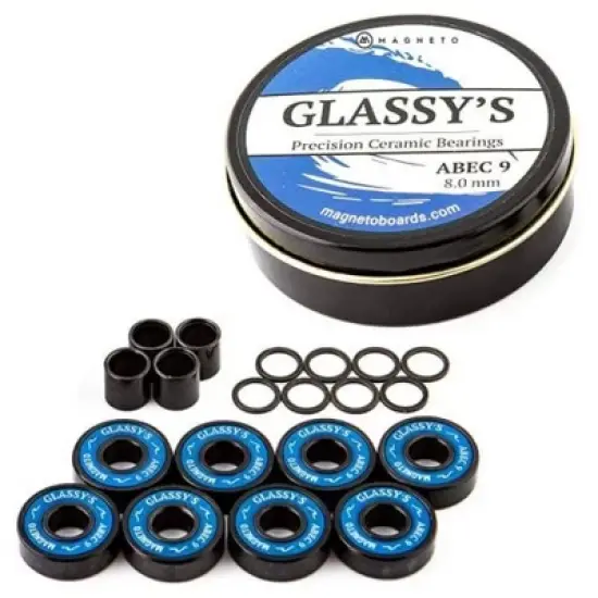 Magneto Ceramic Bearings (8 Pack), ABEC 9 High Speed Skateboard Bearings with Washers, Spacers and a Glassy's Sticker (Black) image {6}