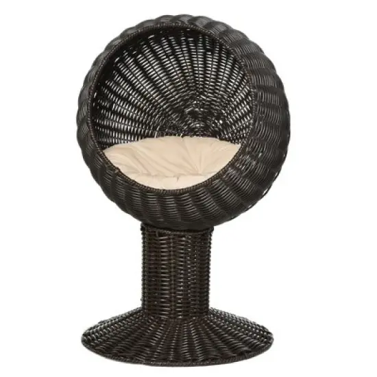PawHut 27" Hooded Wicker Elevated Cat Bed Rattan Kitten Condo Round with Cushion image {6}