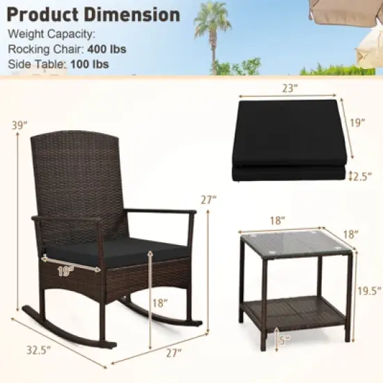 Costway 3 Piece Patio Rocking Set Wicker Rocking Chairs with 2-Tier Coffee Table Turquoise/Off White/Black image {2}