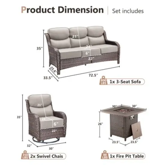 Gymojoy 4 Pieces Outdoor Patio Wicker Sofa Swivel Chair with 6 Inch Cushions and Fire Pit Table image {1}